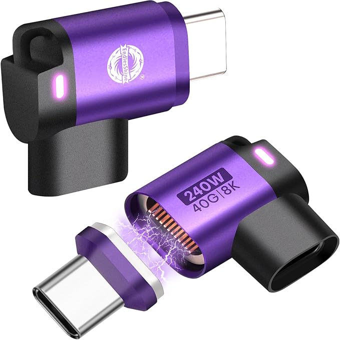 USB C 90 Degree Magnetic Adapter 2 Pack Right Angle 24 PIN 40Gbps PD 240W OTG Magnet Charger Extender 8K 60Hz Video for USB 4 Steam Deck ROG Ally Switch PC Tablet iPhone 15 16 17 (Purple)