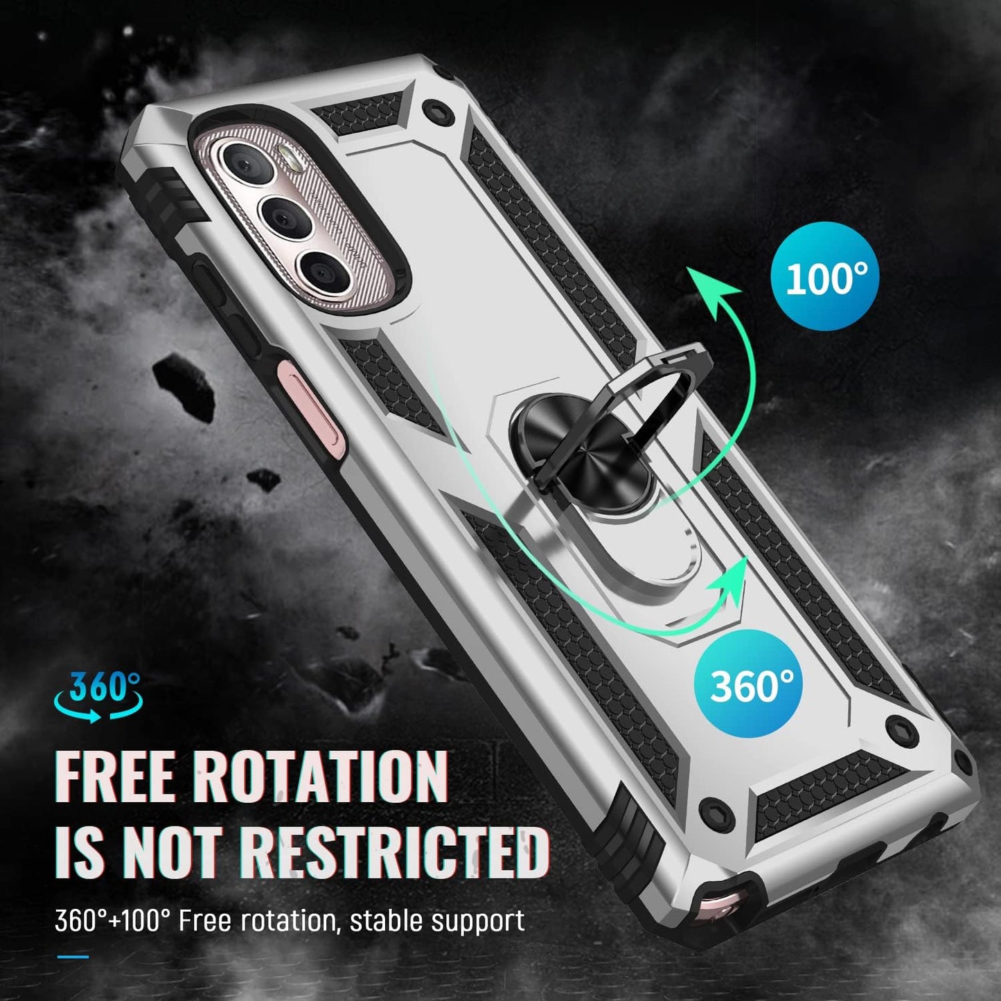 Military Grade Shockproof Case for Motorola Moto G Stylus 5G 2022, 360 Metal Rotating Ring Kickstand Holder (Silver)