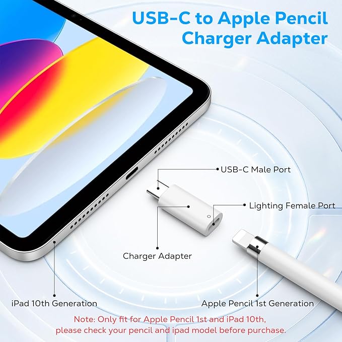 MoKo USB C to iPencil Charging Adapter Compatible with Apple Pencil 1st Generation, Apple Pencil Adapter for iPad 10th Generation, USB-C to iPencil Connector for Charging, Bluetooth Pairing