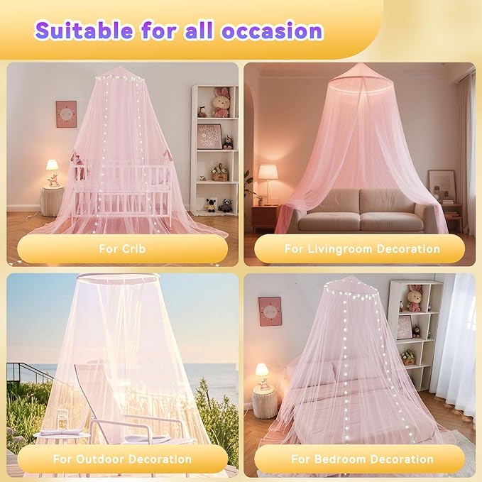 Pink Bed Canopy for Girls,Canopy Bed Curtains with Star Lights,Battery/USB Operated Bed Canopy,Princess Canopy for Baby Cribs, Kid Beds, Girls Beds Or Full Size Beds