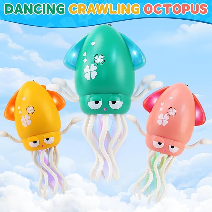 USB Rechargeable Dancing Octopus Baby Toy - Electric Crawling & Tummy Time Toy, Magical Musical Squid, Stress-Relief Desk Decor - Birthday for Kids Ages 1 2 3 4 5 6, Boys (Green)