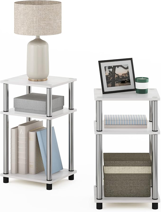 Furinno JUST Side Table Set of 2, 3-Tier End Tables, Open Shelves Night Stand, Nightstand, Toolless Assembly, for Living Room, Bedroom, White Oak/Stainless Steel