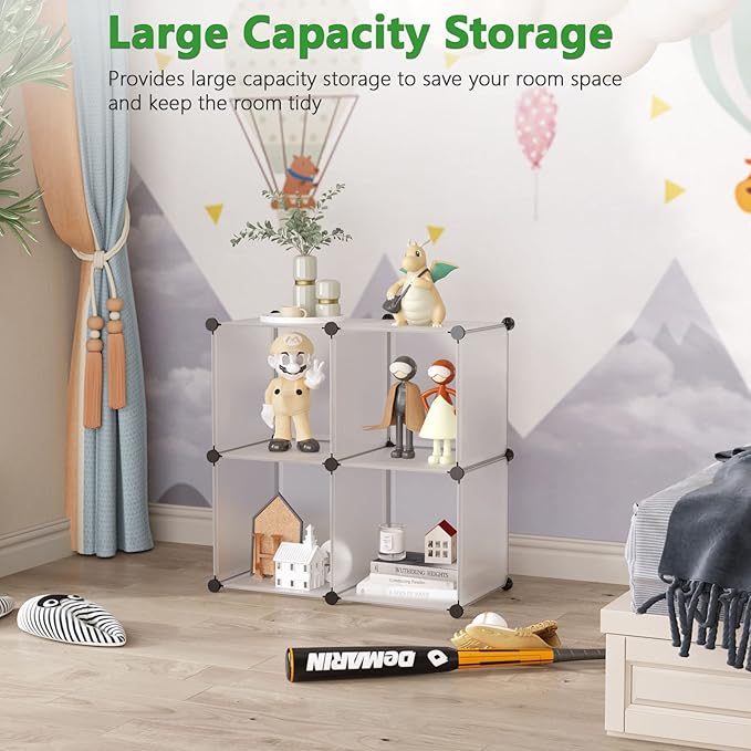 C&AHOME Cube Storage Organizer, 4-Cube Shelving Units, DIY Closet Storage, Modular Book Shelf, Ideal for Bedroom, Living Room, Office, 24.8" L x 12.4" W x 24.8" H Translucent White SBTM3004A