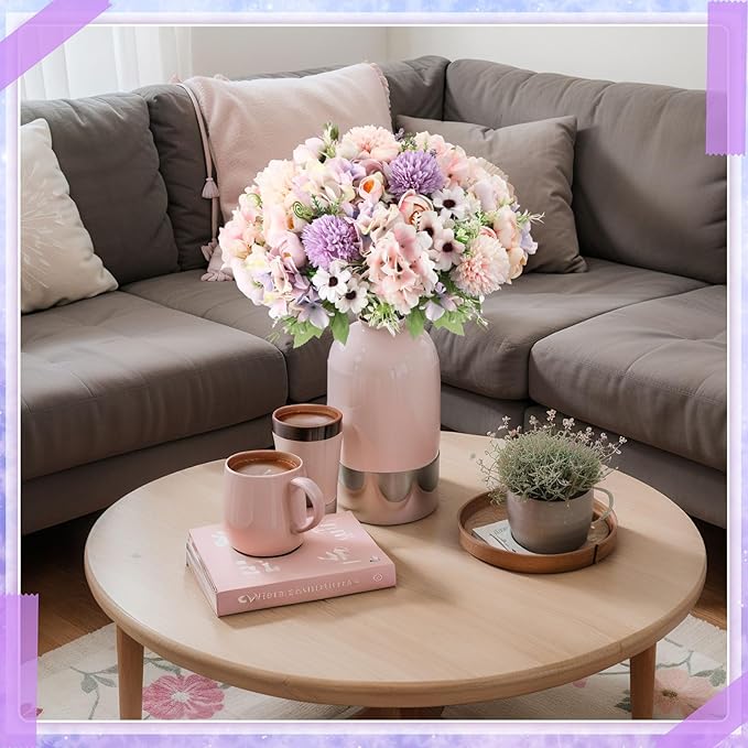 Tigeen 12 Bundles Peonies Artificial Flowers Faux Roses Silk Flowers Hydrangea Artificial Bouquet for Wedding Table Centerpiece Floral Vase Home Office Bridal Decor (Purple,Pink)