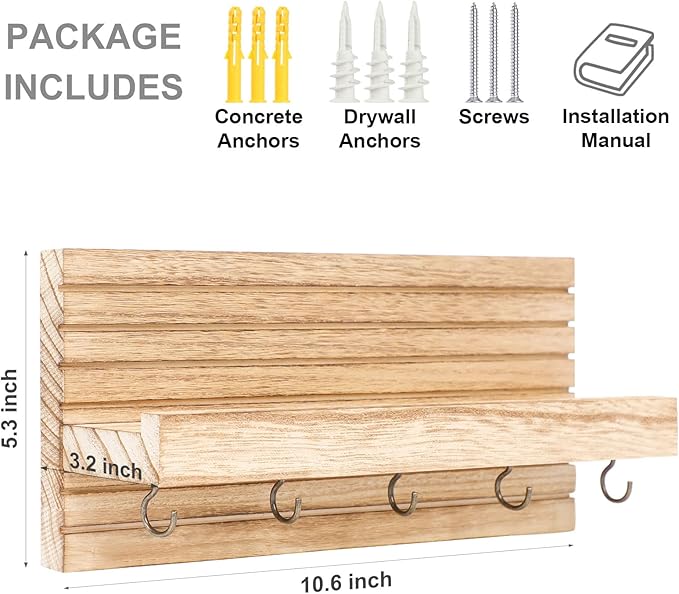 Decorative Key Holder for Wall with Shelf, Entryway Shelf with Hooks Holds Leashes, Jackets and Glasses – Sturdy Wood Keyholder Entrance Hanger with Mounting Hardware (Wood, Medium)