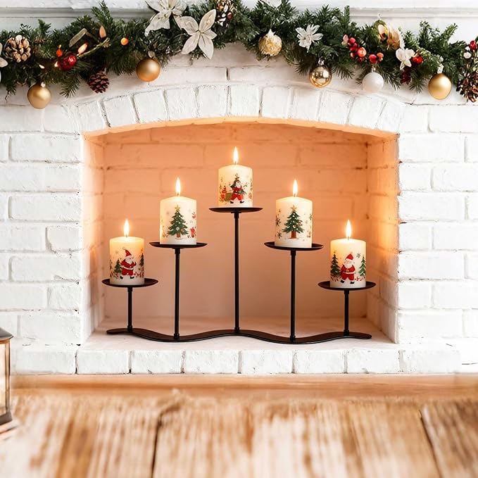 Iron Candle Holder Fireplace: 5 Metal Candelabra Centerpiece Decor - Candle Holder Stand for Candelabra Pillar Candles