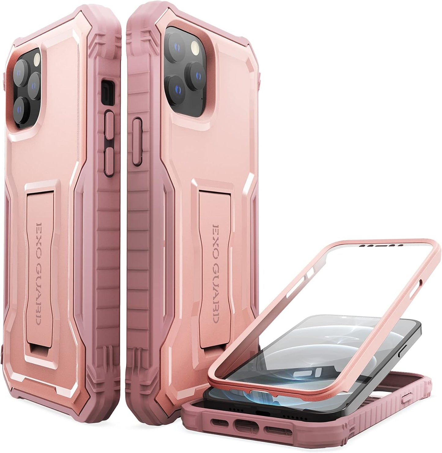 ExoGuard Pink iPhone 12 Case, Compatible with iPhone 12 Pro, Rubber Shockproof Full-Body Cover with Kickstand
