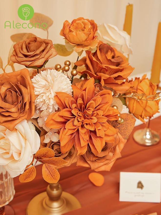 Alecono Artificial Flowers, Orange Fake Flowers for DIY Fall Wedding Bouquets, Wedding Cake Flowers for Table Centerpieces Baby Shower Birthday Party Home Decorations