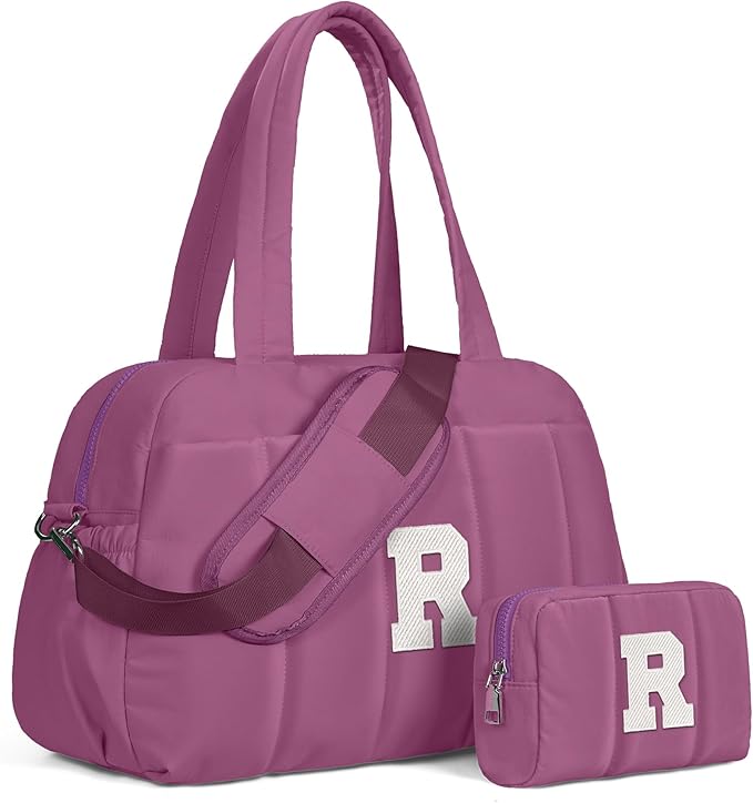 Duffle Bag with Initial, Spend The Night Bags for Women，Overnight Bag with Wet Pocket，Gifts for Friends-Lightweight Travel Bags Personalized Gym Tote with Makeup Pouch