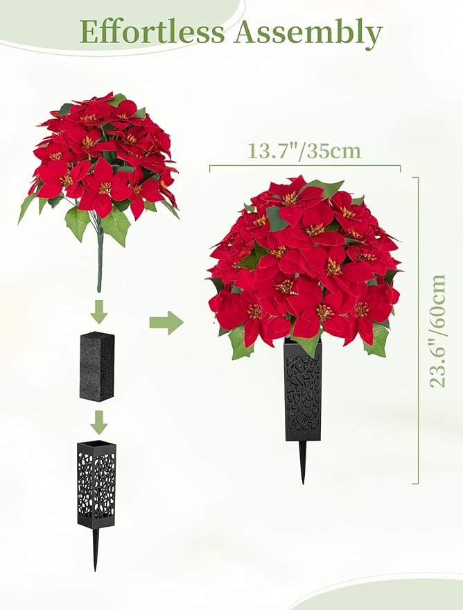 Christmas Cemetery Flowers for Grave: 2 Pcs Artificial 24 Heads Large Red Velvet Poinsettia Bouquets with Vases for Outdoor Grave Decorations