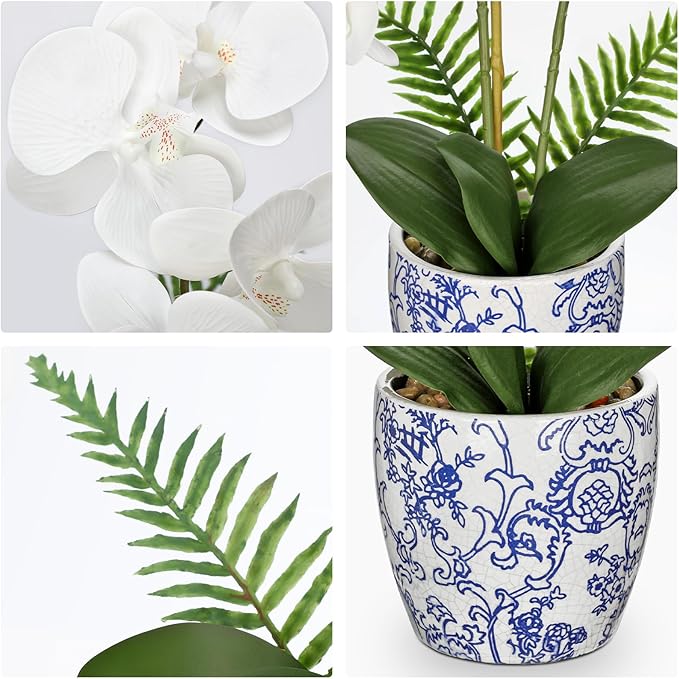 Briful Orchid Fake Flowers 18.8in White Orchid Silk Flower with Blue and White Pot Faux Orchid Arrangement for Home Office Room Shelf Table Centerpiece Decoration