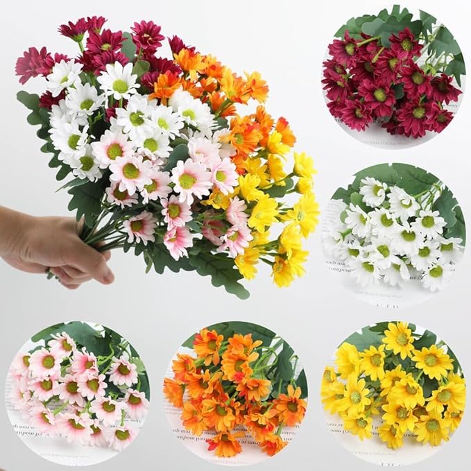 Artificial Mums for Outdoors, Faux Sunset Mum Flowers Planters for Indoor Outside Decor, Fake Look Real, Vibrant, UV Resistant, Waterproof, Windproof (Wine, 5 Bundle)
