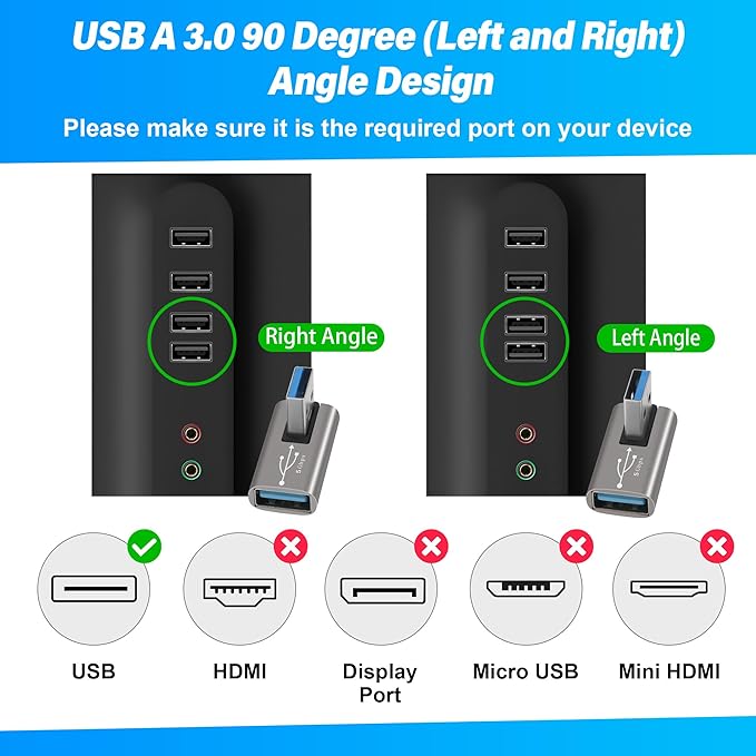 90 Degree USB 3.0 Adapter 4 Pack, Middle Left and Right Angle USB A Male to Female Connector Converter USB L Shape Extender, Support Charge & Data Sync for PC, Laptop, Mouse, Keyboard, USB A Charger