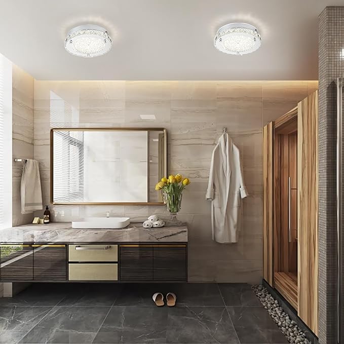Modern Crystal Flush Mount LED Ceiling Light - 8.3" Foyer & Bedroom Light Fixture for Bathroom, Hallway, Closet