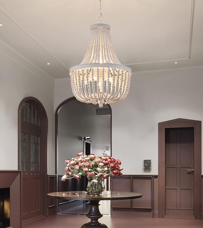 Q&S Beaded Chandelier Farmhouse White Wood Beaded Boho Light Fixture Vintage Antique 8 Lights for Dining Room Nursery Kitchen Foyer Bedroom Living Room UL Listed