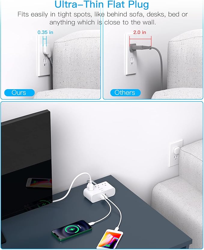 Flat Plug Power Strip 6 Ft, HANYCONY Ultra Thin Flat Extension Cord, 3 Outlets 3 USB Ports(2 USB C) Multi Plug Outlet Extender with No Surge Protector for Cruise Ship, Travel, Dorm Room Essentials