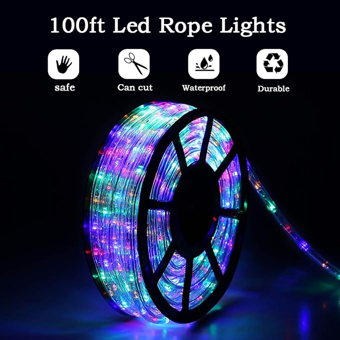 100Ft LED Rope Lights, Cuttable & Connectable Outdoor String Lights Waterproof Decorative Lighting for Indoor/Outdoor, Patio, Backyards, Party, Halloween and Christmas Decorations (Multicolor)