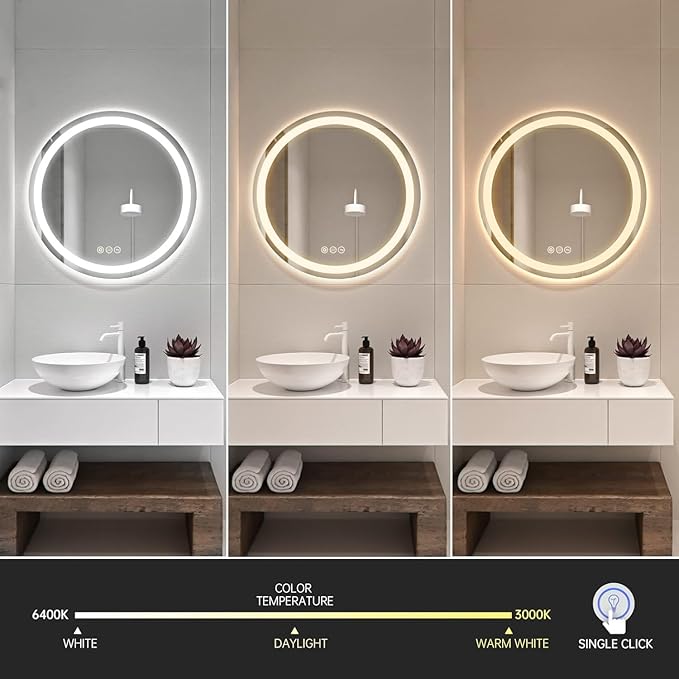 Wall-Mounted LED Round Bathroom Mirror, Makeup Mirror (24 inches x 24 inches,) 3 Color Stepless Dimmable Memory Bathroom Vanity Mirror with Lights CRI90+ 3000-6400K Smart Mirror with Touch