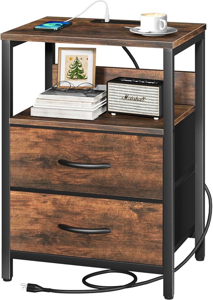 Yoobure Nightstand with Charging Station, Small Night Stand with Fabric Drawers and Storage Shelf for Bedrooms, Small Spaces, Bedside Table with USB Ports & Outlets