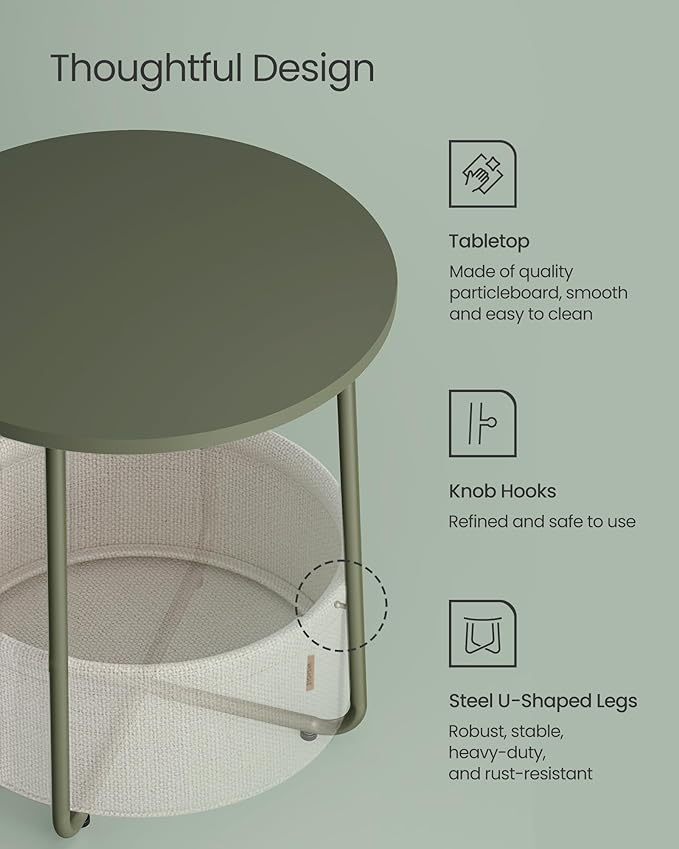 VASAGLE LILEA Collection - Small Round Side End Table, Modern Nightstand with Fabric Basket, Forest Green and Cream White ULET223C80