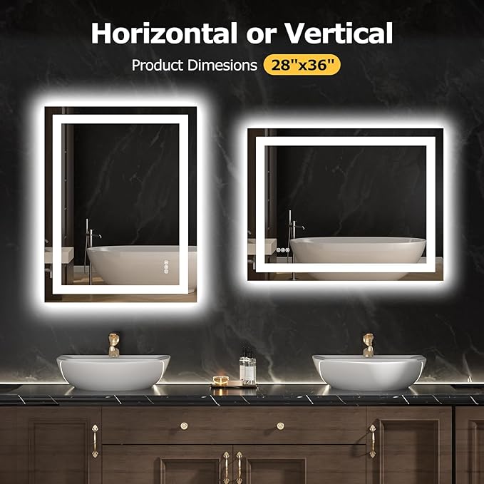 28X36 LED Bathroom Mirror with Lights, Anti-Fog, Dimmable, Backlit + Front Lit, Smart Bathroom Vanity Mirror, Memory Function, Shatterproof, Tempered Glass (Horizontal/Vertical)