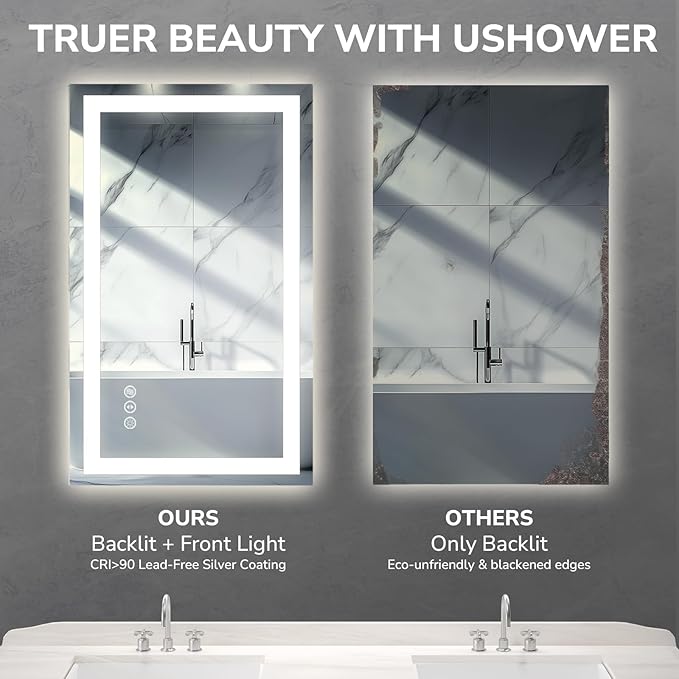 USHOWER LED Bathroom Mirror 72x36 Inch Tempered Glass - Frameless LED Backlit Lighted Mirror for Bathroom Vanity with Anti-Fog, 3 Colors Dimmable, Memory Function, Wall-Mounted