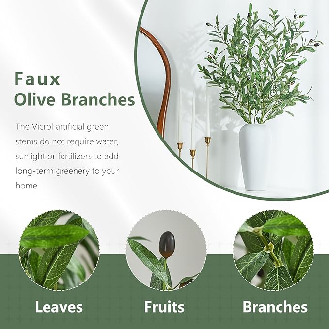 2 PCS 39 Inch Faux Olive Branches Artificial Flowers Greenery Stems Olive Tree Branch for Vase Filler Home Decor Indoor