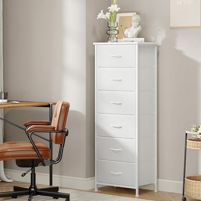 Somdot Tall Dresser for Bedroom with 6 Drawers, Storage Organizer Chest of Drawers with Removable Fabric Bins for Closet Bedside Living Room Laundry Entryway Hallway, White Leather
