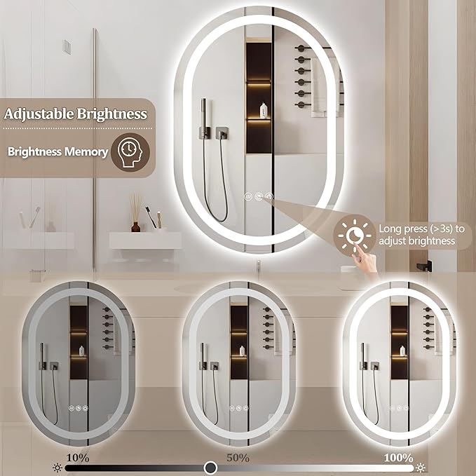 LED Oval Bathroom Mirror 40"x24" Oval Bathroom Vanity Mirror for Wall Anti-Fog 3 Colors & Dimmable Bathroom Mirror for Over Sink with Lights Memory Function Shatterproof LED Mirror