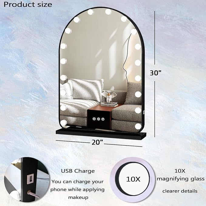 Hollywood Arch Black Vanity Makeup Mirror with Lights 18 Bulbs Dimmable 3Color Black Lighted Vanity Mirror for TableTop Wall Detachable Base X10 Magnifying Arch Makeup Desk Mirror with Lights