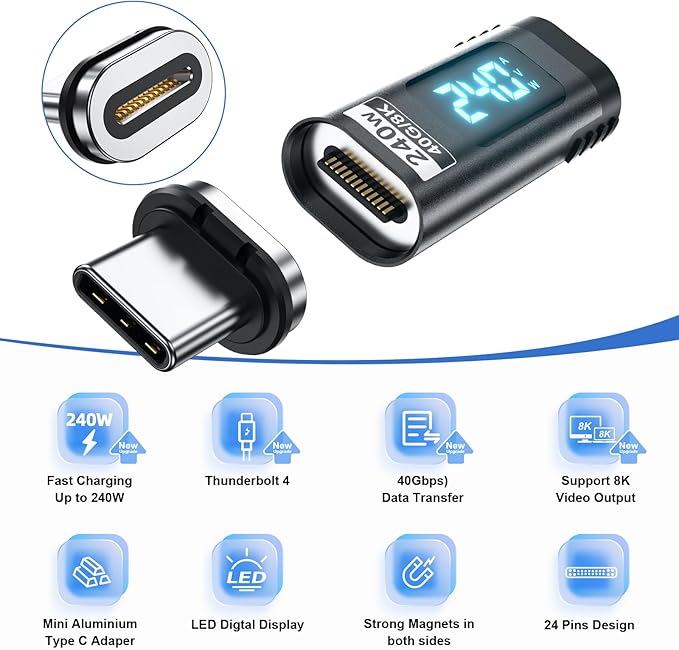 Digital Display USB C Magnetic Adapter PD240W 24Pin(2 Pack) with Voltage Current Power LED Display, Type C Power Meter Tester Straight USBC 4 40Gbps 8K 60Hz for Thunderbolt 3/4, MacBook Pro/Air