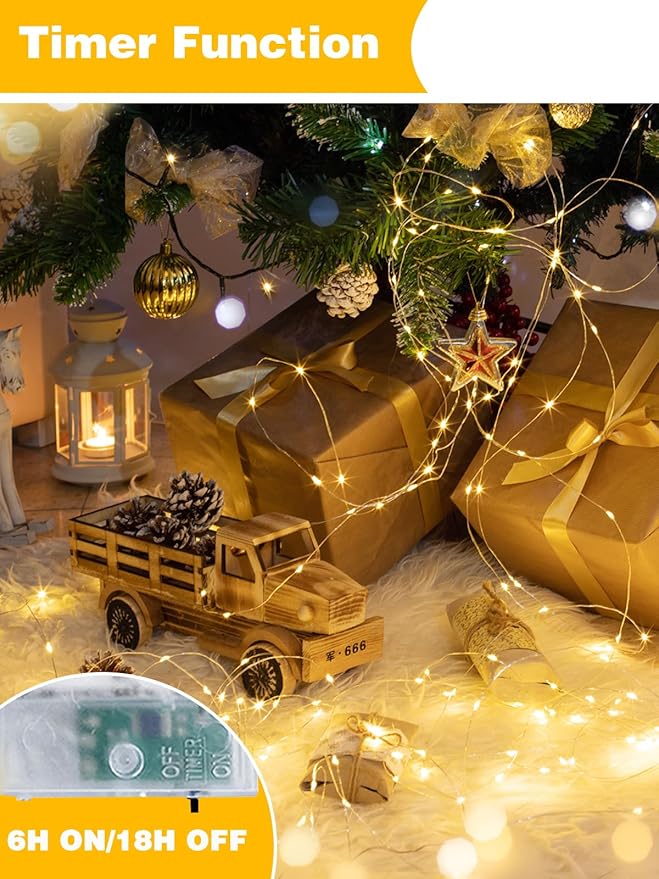 2 Pack 60 LED Christmas Fairy Lights Battery Operated with Timer, 20FT Waterproof Twinkle Lights Indoor Outdoor, String Lights for Bedroom, Wedding, DIY, Centerpiece, Christmas Decorations(Warm White)