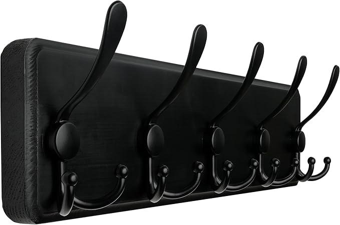 WEBI Coat Rack Wall Mount,Coat Hooks Wall Mounted Rustic,16" Hole to Hole,Large Coat Hanger Wall,Wood Hook Rack,5 Triple Hooks for Hanging Coats,Jacket,Clothes,Black