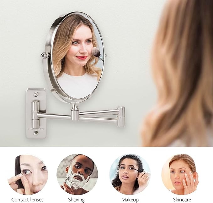 OVENTE 7" Wall Mounted Makeup Mirror with 1X/10X Magnification, Double Sided Magnifying Round Bathroom Vanity Mirror, 360° Swivel Design, Extendable and Folding Arm, Nickel Brushed MNLFW70BR1X10X