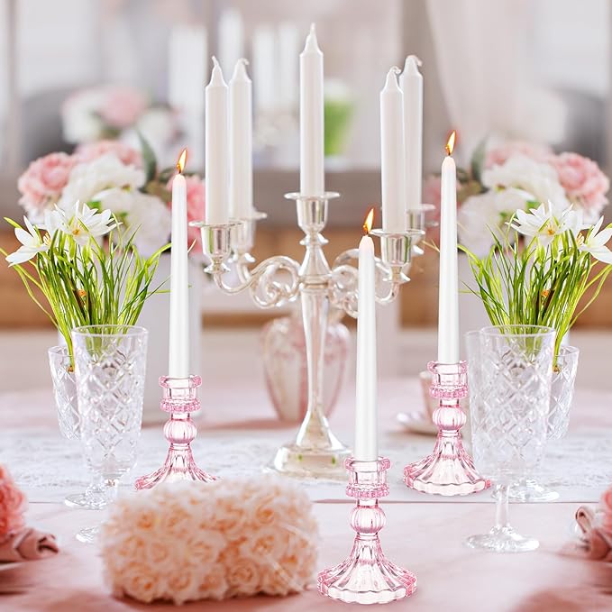Suclain 24 Pcs Glass Taper Candle Holder Sets 12 Candlestick Holder with 12 White Long Candles for Wedding Party Decor Dinner Decoration(Pink)