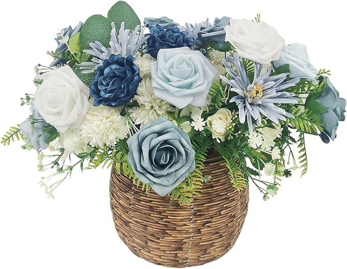 Artificial Flowers Fake Roses, Faux Plant with Stems for DIY Wedding Bouquets Bridal Shower Centerpieces Arrangements Party Tables Decorations (23, Mix Shades of Blue)