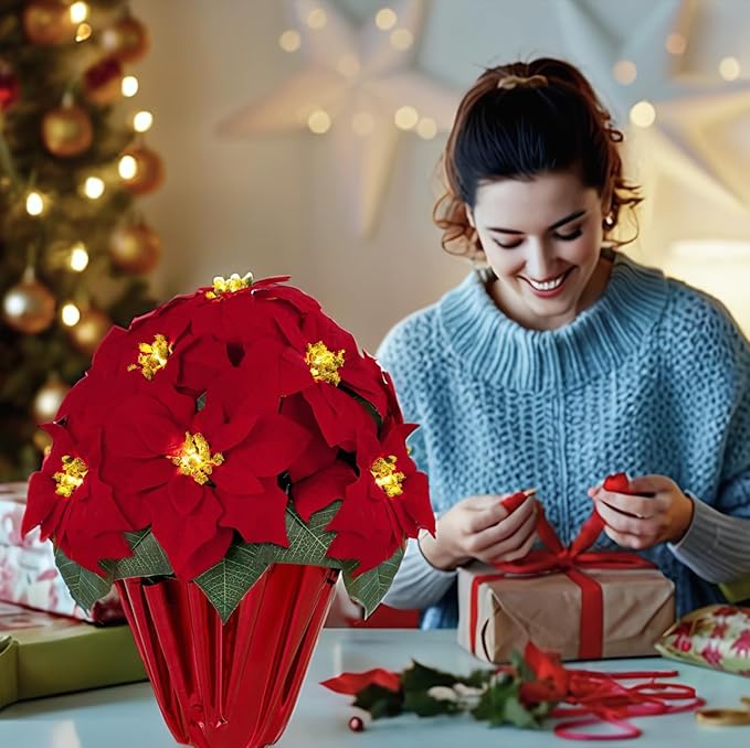 2 Pack 18" Lighted Large Artificial Poinsettias for Outdoors LED Poinsettia Flowers Artificial Faux Poinsettia Plants Poinsettia Christmas Decorations for Office Home Kitchen Decor (Red Paper)