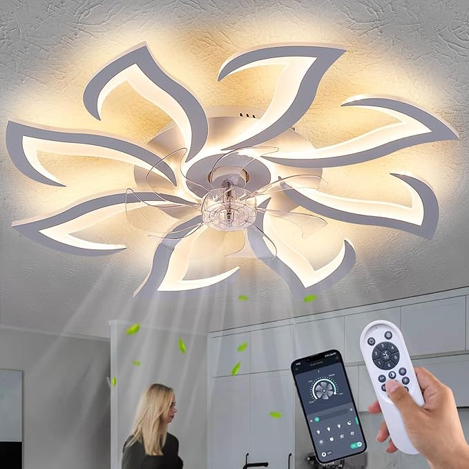 Modern Ceiling Fan with Lights Remote Control, 32" White 6 Speeds 3 Light Color Low Profile Flush Mount Ceiling Fan for Kitchen Bedroom