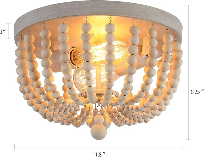 Q&S Boho Chandelier Wood Beaded Flush Mount Ceiling Light Fixtures for Nursery Baby Bedroom Kitchen Hallway,Oak White Finish,2-Lights