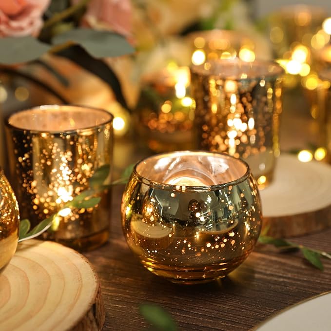 Gold Votive Candle Holders 12Pcs Assorted Gold Mercury Glass Votives Tealight Candle Holders for Table Centerpiece Wedding Bridal Shower Engagement Party Festival Holiday Home Decor