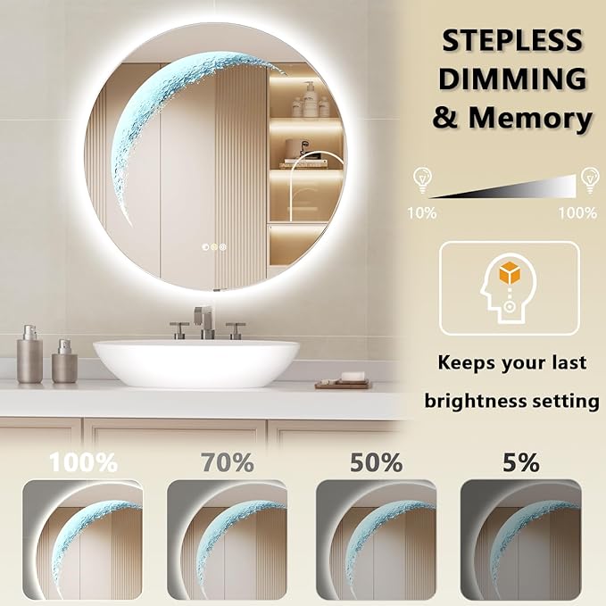 24'' Circle LED Mirror, Frameless Round Smart Mirror with Backlit & Half Moon Light, Anti-Fog, 3 Color Modes, Dimmable Wall-Mounted LED Vanity Mirrors for Bathroom, Bedroom, Entryway
