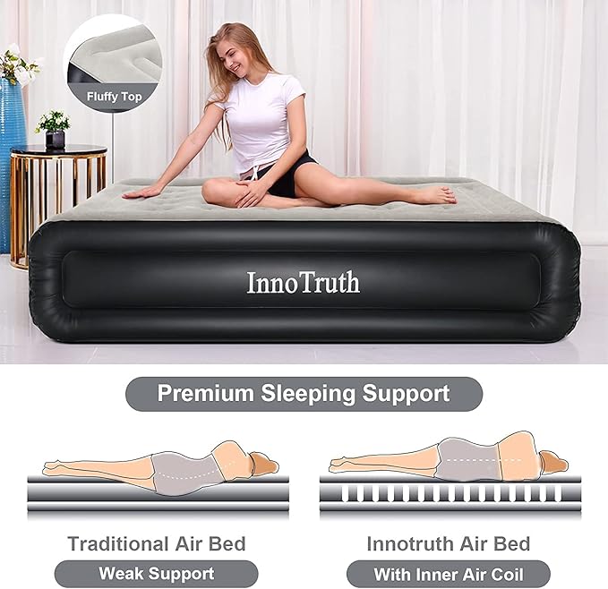 InnoTruth Raised Air Mattress with Built-in Pump,18in Elevated Inflatable Mattress with Carrying Bag for Home and Camping, Twin Size Blow Up Bed，Black