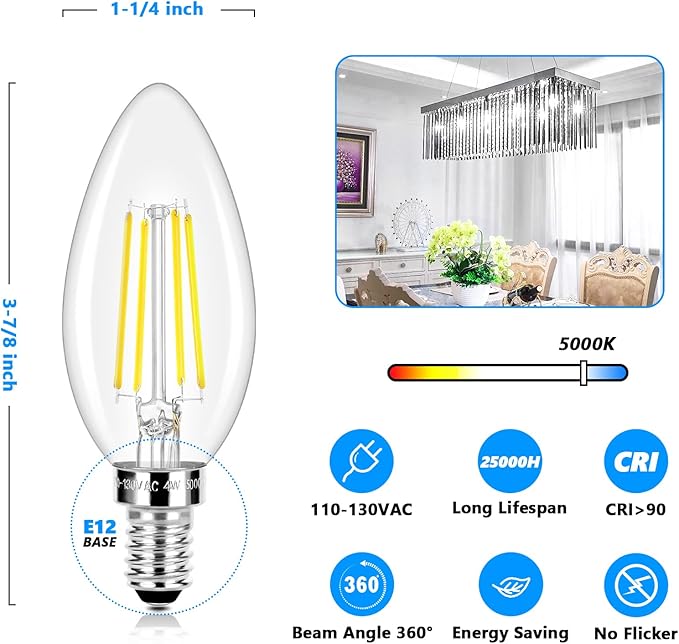 LED Candle Bulbs 40W Equivalent, E12 Candelabra Light Bulbs 4W 470Lm Clear Edison LED Bulb, Daylight White 5000K B11 Classic Bright Filament Bulbs, Dimmable Decorative Bulb for Lamps, Pack of 10