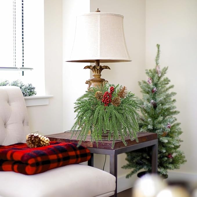 Artificial Christmas Norfolk Pine Arrangement with Red Berries and Pinecones 10 Inch Holiday Table Centerpiece in Rustic Wooden Box Faux Tabletop Arrangement for Home Mantel Xmas Dining Table Decor