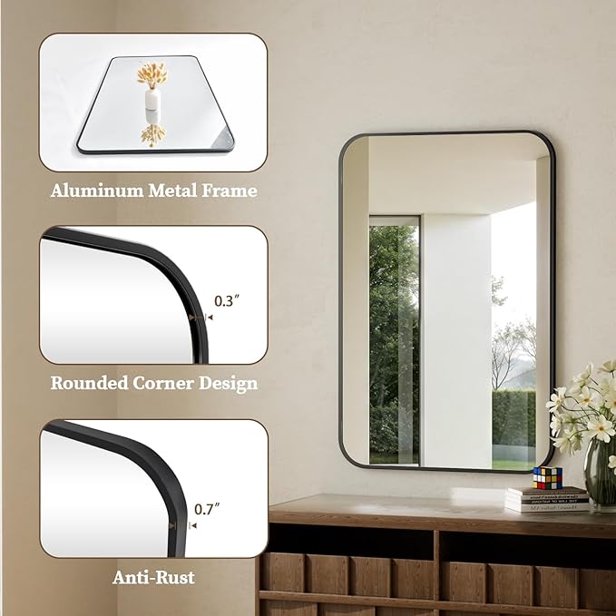 BEAUTYPEAK 26" x 38" Rectangular Aluminum Alloy Frame Wall Mounted Bathroom Mirror with Rounded Corners, Black