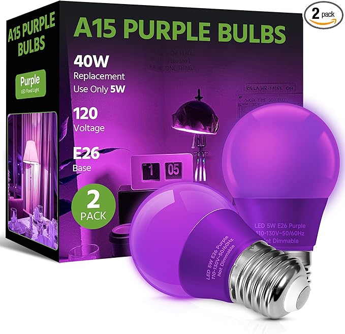 LED Purple Light Bulb, 40W Equivalent LED A15 Bulb, E26 Medium Base Bulb for Halloween, Christmas, Party, Bar, Holiday Lighting, Non-Dimmable, 2 Packs