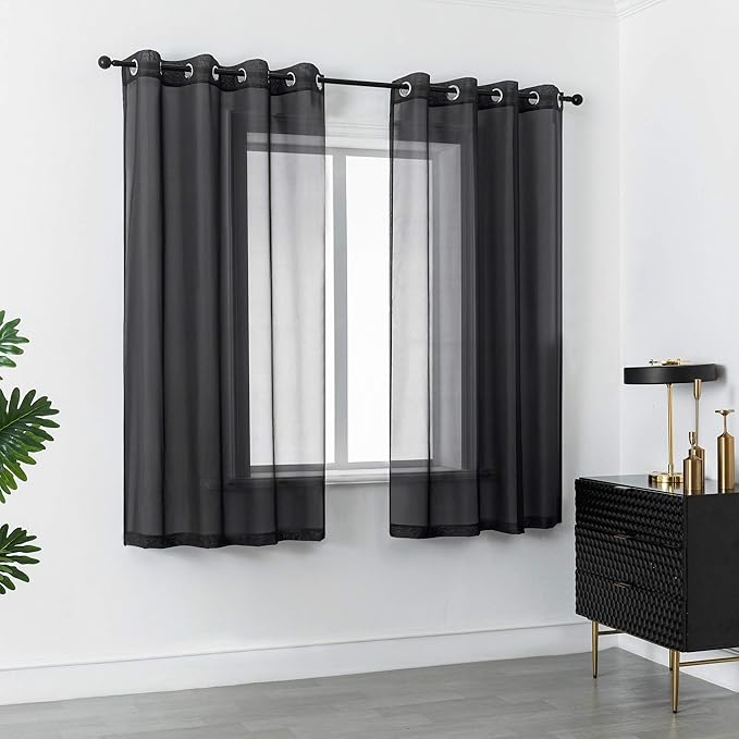 DUALIFE Black Sheer Curtains 45 Inch Length for Basement Windows Set of 2 Panels Grommet Semi Translucent Short Curtains for Small Windows Kitchen Bedroom Bathroom 52x45 Inches Long