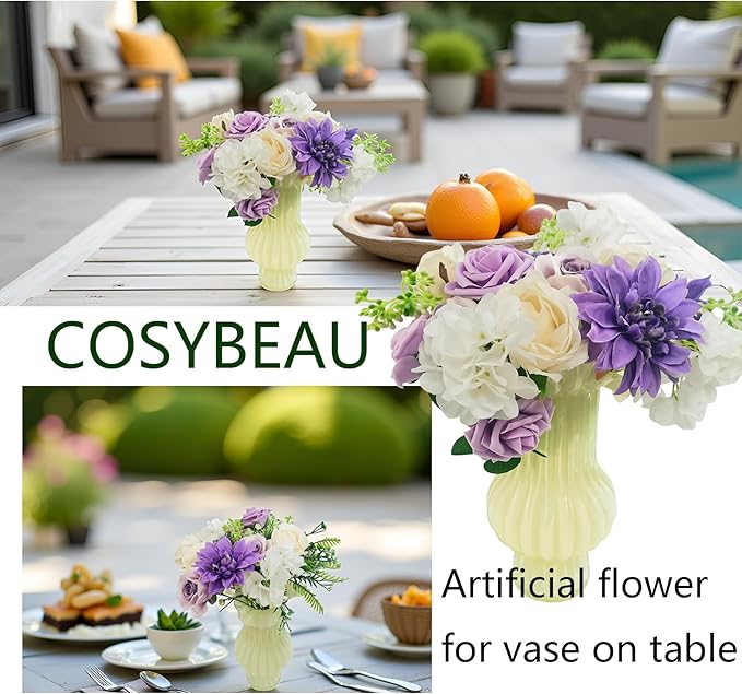 Artificial Fake Flowers 27pcs Roses, Mixed White & Purple Faux Flower for DIY Wedding Bouquet Bridal Shower Centerpieces Floral Arrangements Party Table Home Decorations