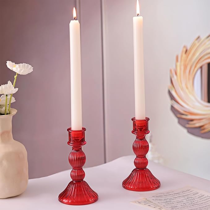 DARJEN 2 Pcs Red Taper Candle Holder - Vertical Stripe Glass Candle Holders for Taper and Votive Candles, Candlestick Holders for Various Activities, Home and Festival Decoration