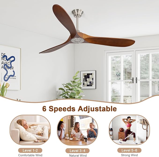 Sofucor 60 Inch Ceiling Fan No Light, Solid Wood Ceiling Fans Without Lights for Indoor/Outdoor, Remote Control, Reversible DC Motor, 3 Blades Modern Ceiling Fans for Patio, Living Room, Farmhouse